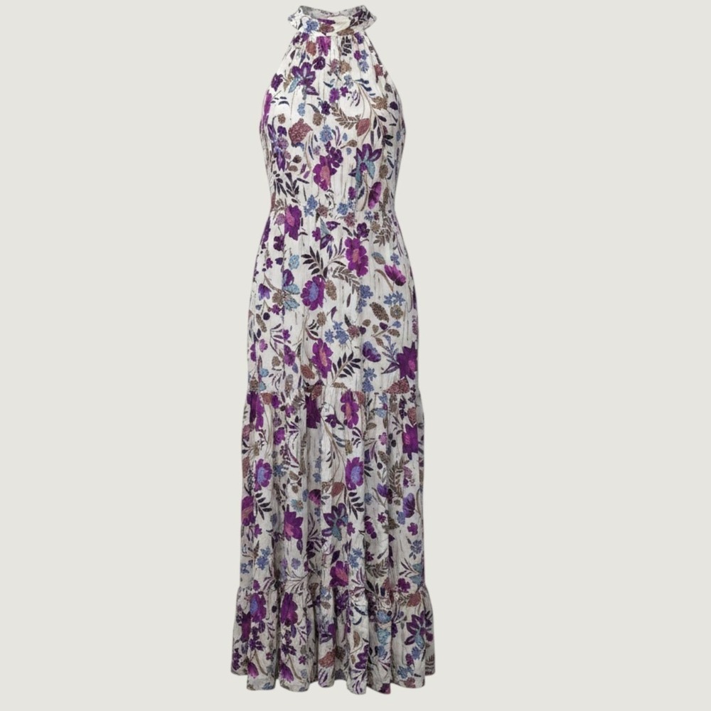 NWT 1.STATE Floral Halter Maxi Dress Womens S White Purple Boho Garden Party